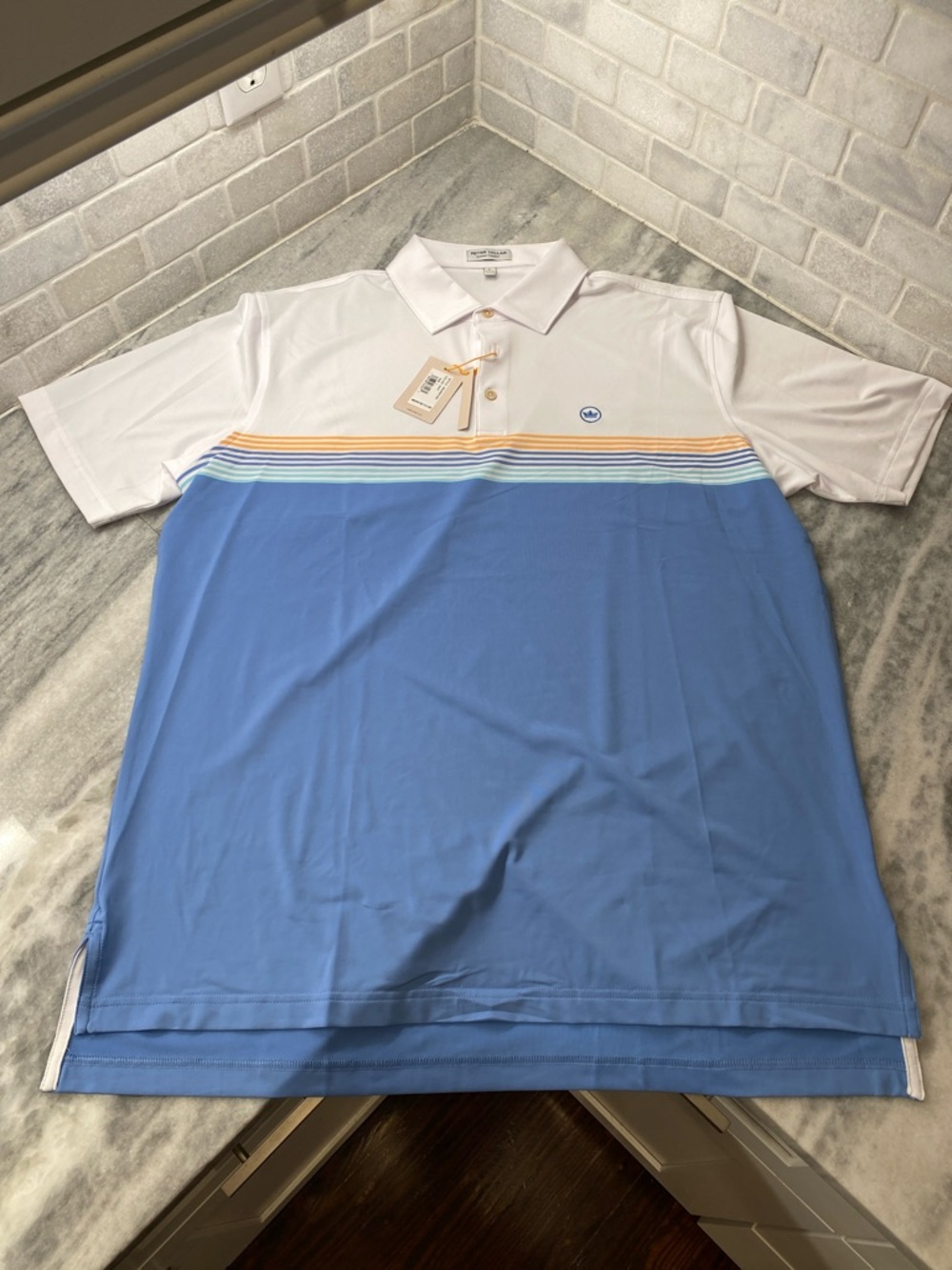 Peter Millar White and Light Blue Polo with Pastel Stripe Chest